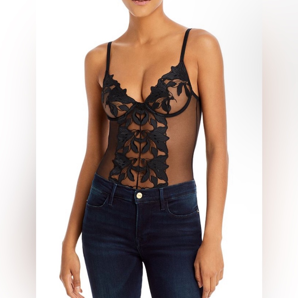 🔥 Fleur du Mal Satin Lily Embroidery Cupped Bodysuit- Beige/Bronze